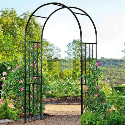 LDAILY Moccha Garden Arch Arbor Trellis, 7.2Ft Outdoor Steel Arbor with Stakes, Metal Archway for Climbing Plants, Wide Sturdy Durable Garden Arch for Lawn, Party, Ceremony Wedding Decoration, Black