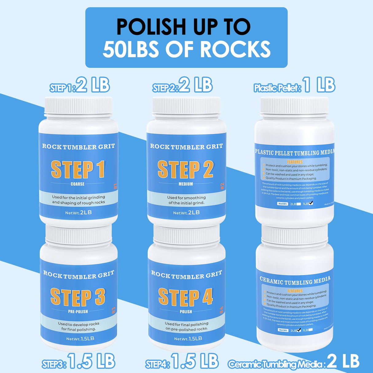 KoolStone Large Rock Tumbler Grit Kit [10 Pounds], Polish Up to [50 lbs.] of Rocks, 4 Steps Polish Refill Media Kit with [Ceramic and Plastic Pellet Tumbling Media], Compatible with Any Tumbler KoolStone