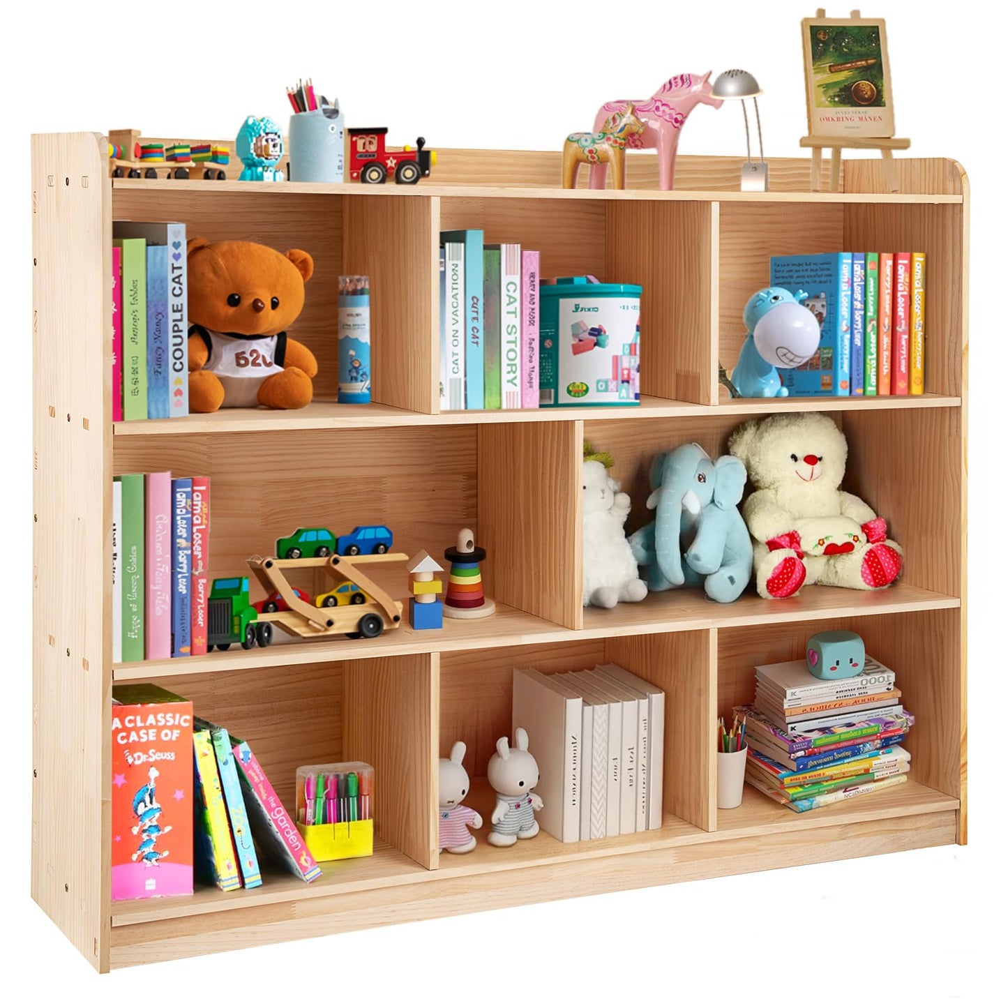 ZBPRESS 8-Compartment Natural Pine Wood Kids Storage Cabinet and Bookshelf - WoodArtSupply