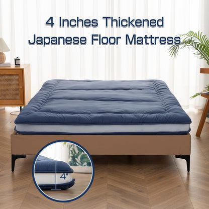 Syalife Japanese Futon Mattress Floor Mattress, 4" Thicken Roll Up Tatami Mat, Foldable & Portable Floor Bed Sleeping Pad, Traditional Shiki Futon (shikibuton), Design by Japan (Navy Blue, 39 * 80)