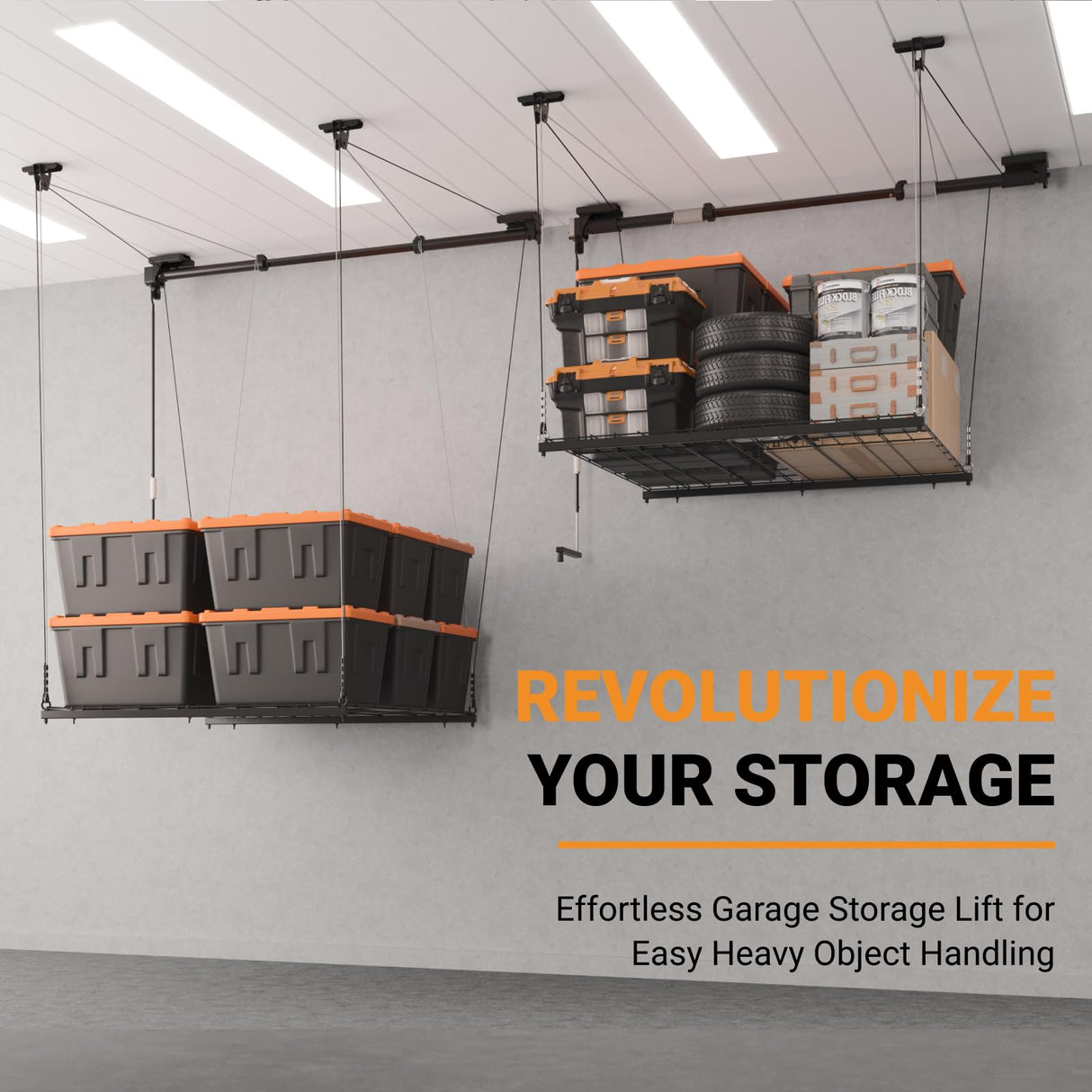 eShelf Adjustable Overhead Garage Storage Rack, 4x4ft Garage Ceiling Storage Lift, Heavy Duty Garage Storage Lift System With 300lbs Weight Capacity, Perfect for Kayaks, Ladders eShelf