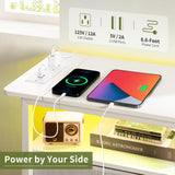 Yoobure End Table with Charging Station, LED Narrow Side Table Bedside Table, Small Night Stand End Tables Living Room, Skinny Nightstand with 3 Fabric Drawers, Side Tables Bedroom for Small Spaces Yoobure