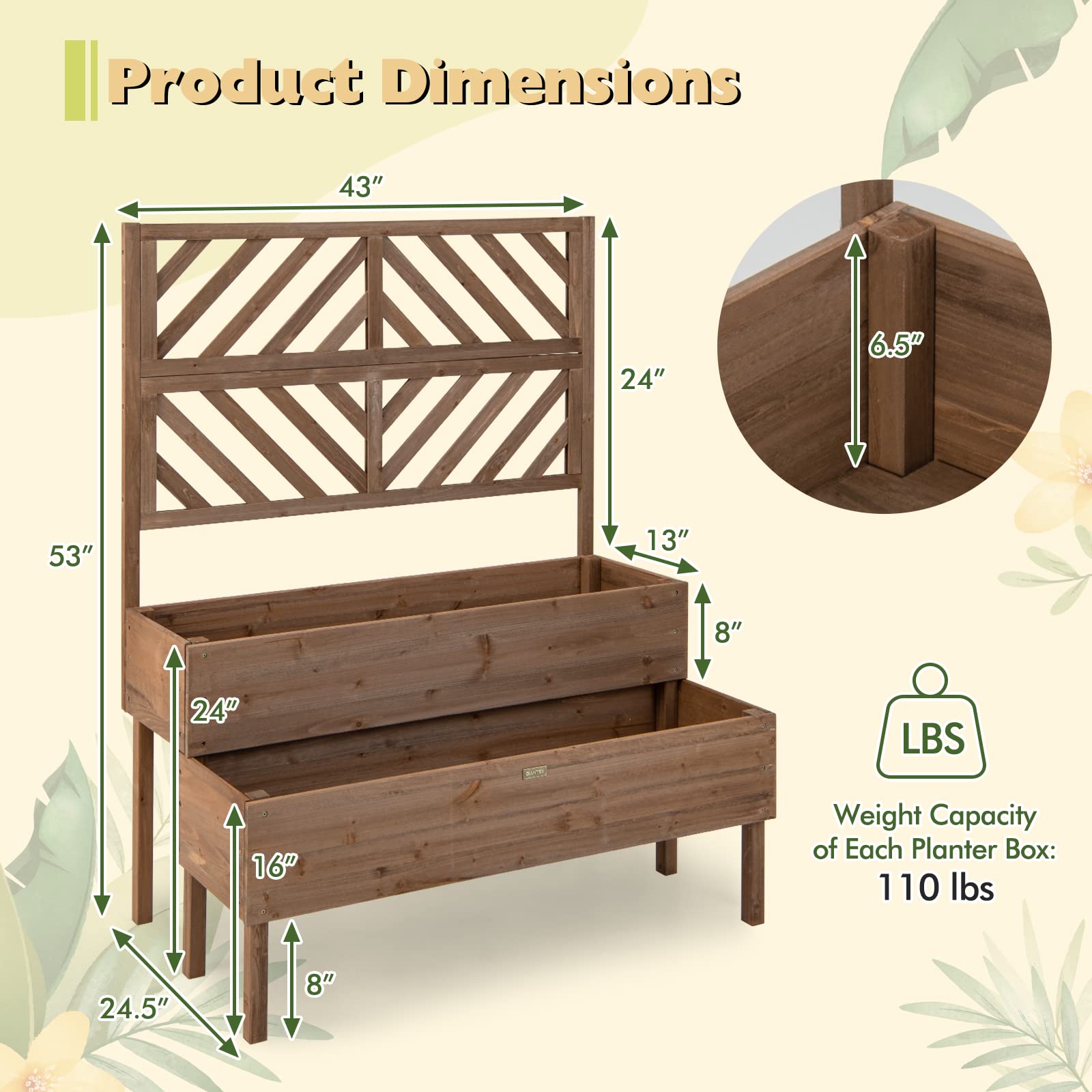 Giantex Raised Garden Bed with Trellis, 2-Tier Wooden Planter Box with Legs and Drain Holes, Garden Trellis for Vine Fruit Vegetable Flower Herb, Outdoor Elevated Garden Bed (Brown) - WoodArtSupply