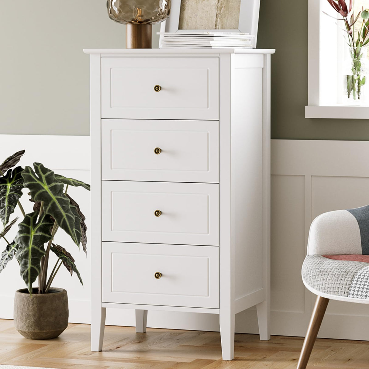 TTVIEW 4 Drawer Dresser, White Dresser Antique Chest of Drawers with Solid Frame, Tall Wood Storage Chest Cabinet for Living Room, Bathroom, Entryway, White TTVIEW