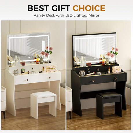 COMHOMA Makeup Vanity Desk with Mirror and Lights, Vanity Table and Chair Set with 5 Drawers and Charging Station, Bedroom Dresser LED Mirror Stepless Dimmable & 3 Color Modes Adjustable, White COMHOMA
