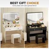 COMHOMA Makeup Vanity Desk with Mirror and Lights, Vanity Table and Chair Set with 5 Drawers and Charging Station, Bedroom Dresser LED Mirror Stepless Dimmable & 3 Color Modes Adjustable, Pure White COMHOMA