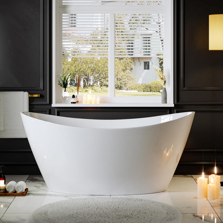 Empava Freestanding Bathtub, Flatbottom Acrylic Soaking Tub, Contemporary Stand Alone Design with Brushed Nickel Drain & Overflow, Glossy White, cUPC Certified, 59 Inch Empava