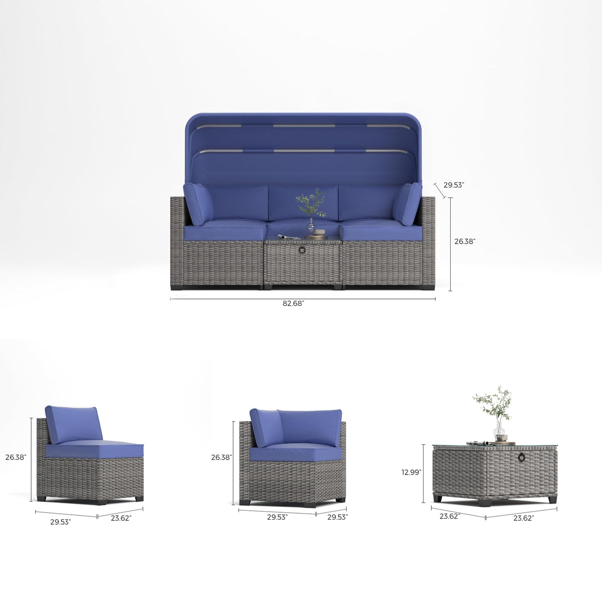 olimix Patio Furniture Set, 6 Pieces All Weather Wicker Rattan Conversation Set with Canopy, Outdoor Sectional Sofa Set w/Adjustable Backrest, Chaise Chair Daybed w/Storage Table, Grayish-White/Blue olimix