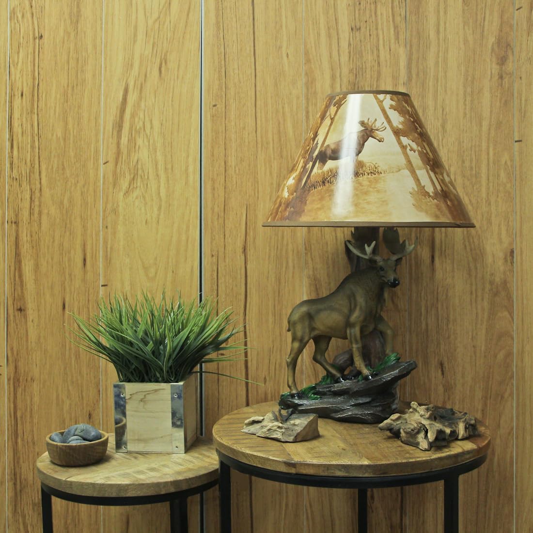 North American Bull Moose Table Lamp with a 12-Inch Diameter Forest Print Shade- Wildlife Decor - Perfect for Living Rooms, Cabins, and Bedrooms - 20 Inches Tall Zeckos