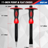 Rizom Chisel Set with Hand Protection, 3 Pcs Rock Chisel Stone Chisel, Heavy Duty Masonry Tools including 11-Inch Point and Flat, 8-Inch Brick Rizom
