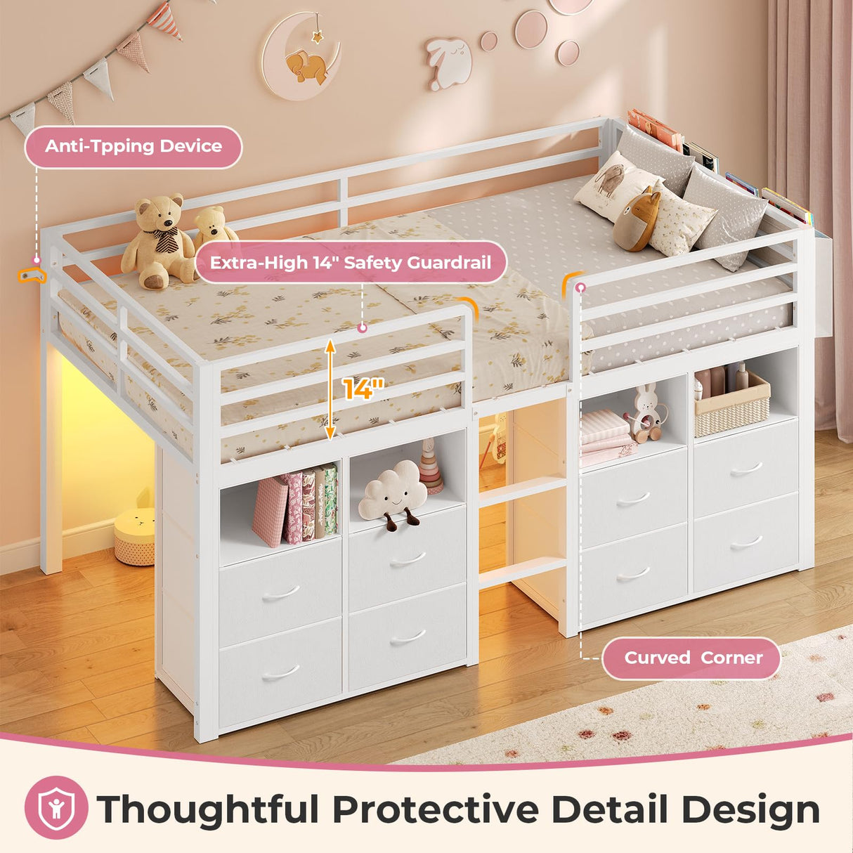 ADORNEVE Low Loft Bed Twin Size with 8 Storage Drawers, Twin Loft Bed with Bookcase and LED Lights, Metal Kids Loft Bed with 14" H Safety Guardrail, Under-Bed Play Space, No Box Spring Needed, White ADORNEVE