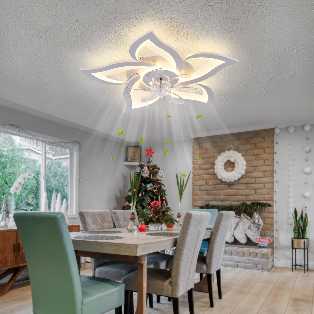 Ruibutrade White Flower Modern CeilingFans with Lights, Low Profile Ceiling Fan with Remote for Bedroom, Flush Mount Ceiling Fan with LED Dimmable Light,3-Colors, 6-Speeds, Timing Ceiling Fan Light Ruibutrade