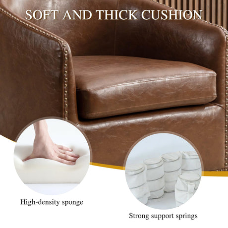 HAOMARKETS 360 Degree Swivel Barrel Chair with Plump Back Pillow, Waterproof Oil Waxed PU Leather Swivel Armchair with Rivets, Comfy Vintage Round Accent Chair for Living Room HAOMARKETS