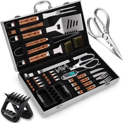 RINPIR 35pcs Deluxe Grilling Gifts Set for Birthday Christmas, Stainless Steel BBQ Accessories Kit for Men Dad, Professional Grill Tools Utensils with Scissors, Meat Claws in Aluminum Case Brown