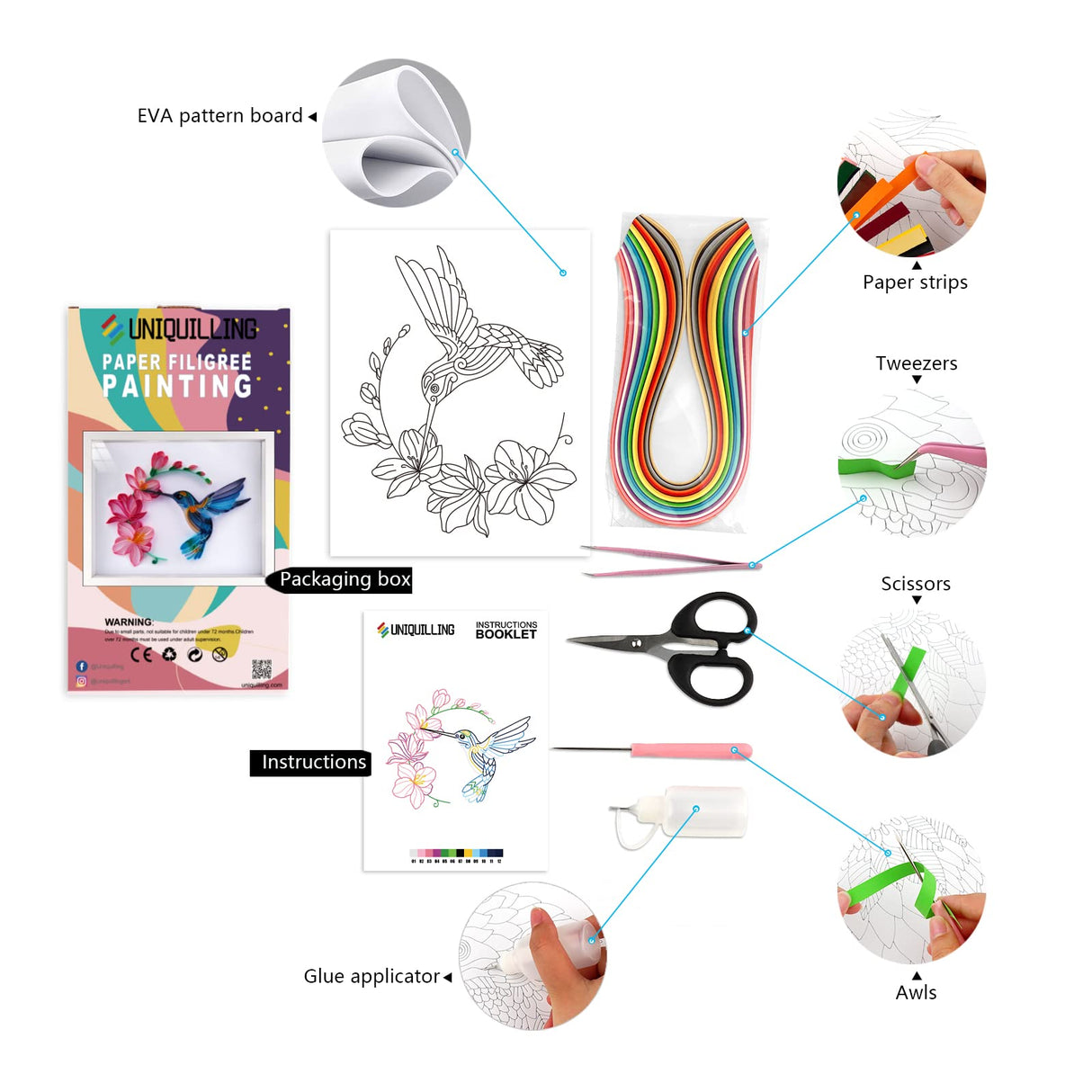 Uniquilling Quilling Kit, Paper Quilling Kits, 8 * 10-in Flower& Hummingbird Paper Filigree Kits with Quilling Tools& Using Manual, DIY Quilling Artwork Modern Wall Art for Living Room Uniquilling