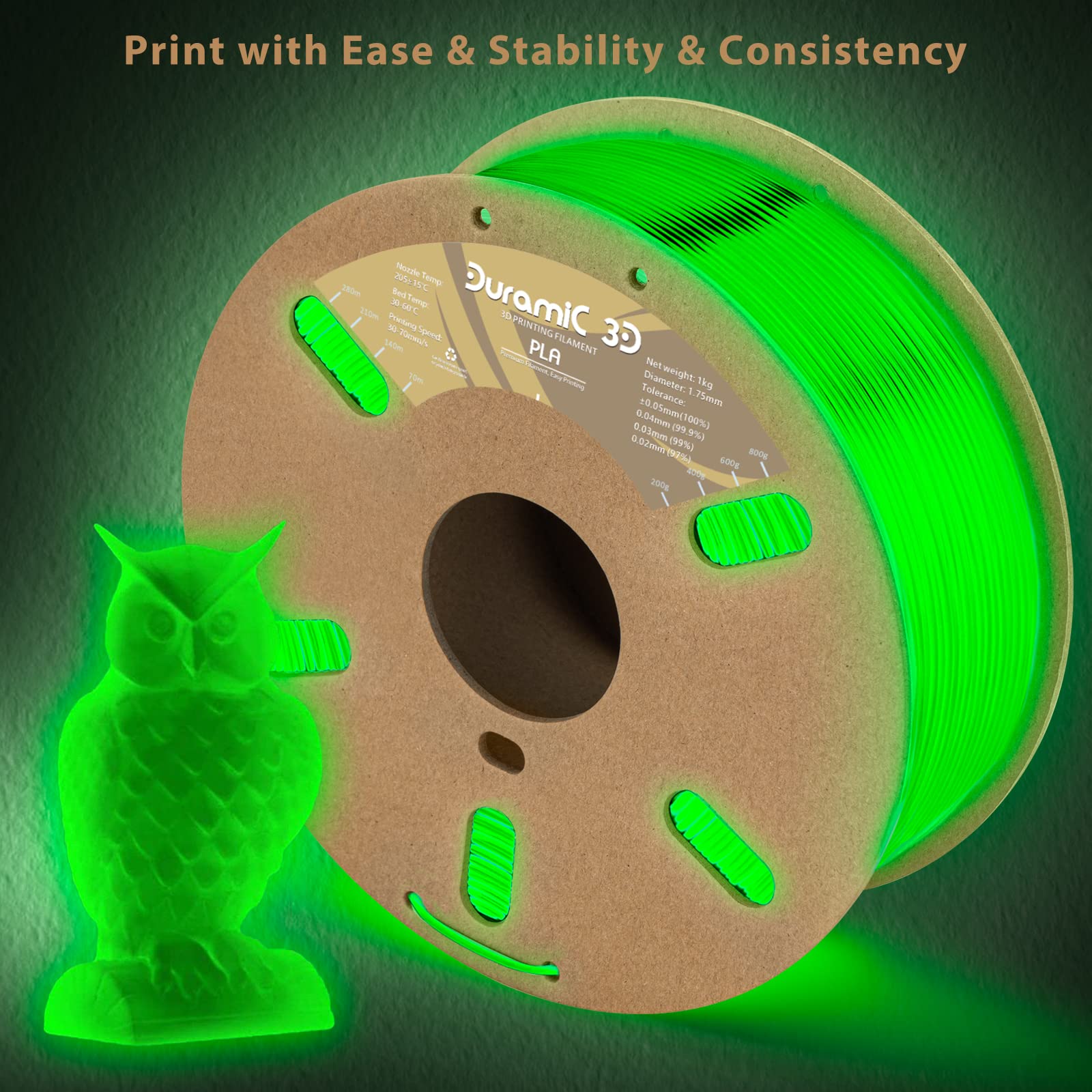 DURAMIC 3D PLA Glow in The Dark Filament 1.75mm Glow Green, 3D Printing PLA Filament 1.75mm Dimensional Accuracy +/- 0.05 mm, 1kg Spool - WoodArtSupply