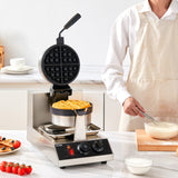 VEVOR Commercial Waffle Maker, 1300W Round Waffle Iron, Non-Stick Rotatable Waffle Baker Machine With 122-572℉ Temp Range and Time Control, Teflon-Coated Baking Pan Stainless Steel Body 120V VEVOR