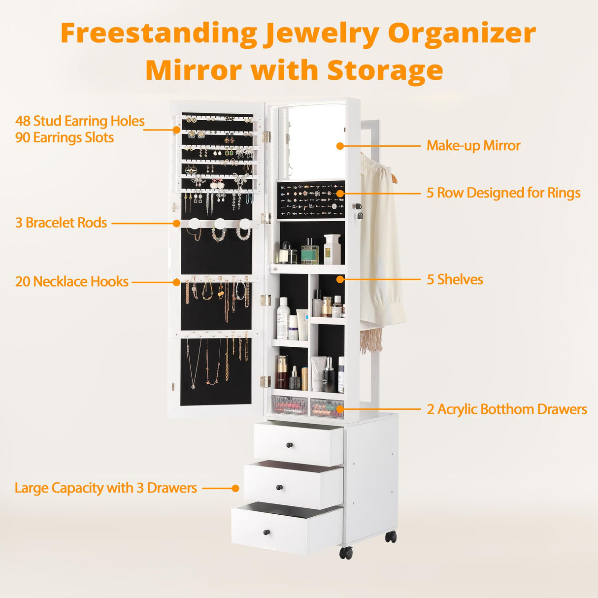 IRONCK Jewelry Cabinet with 3 Drawers, Lockable Standing Jewelry Armoire Organizer with Garment Rack, Full Length Mirror with Jewelry Storage and 4 Wheels for Bedroom, Cloakroom, White IRONCK