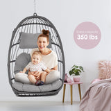 Hanging Egg Chair Without Stand - Foldable Indoor Outdoor Wicker Rattan Swing Egg Chair with Hanging Chain Hammock Chair - UV Resistant Cushions & Aluminum Frame for Bedroom Patio Camping (Grey) XIAO WEI