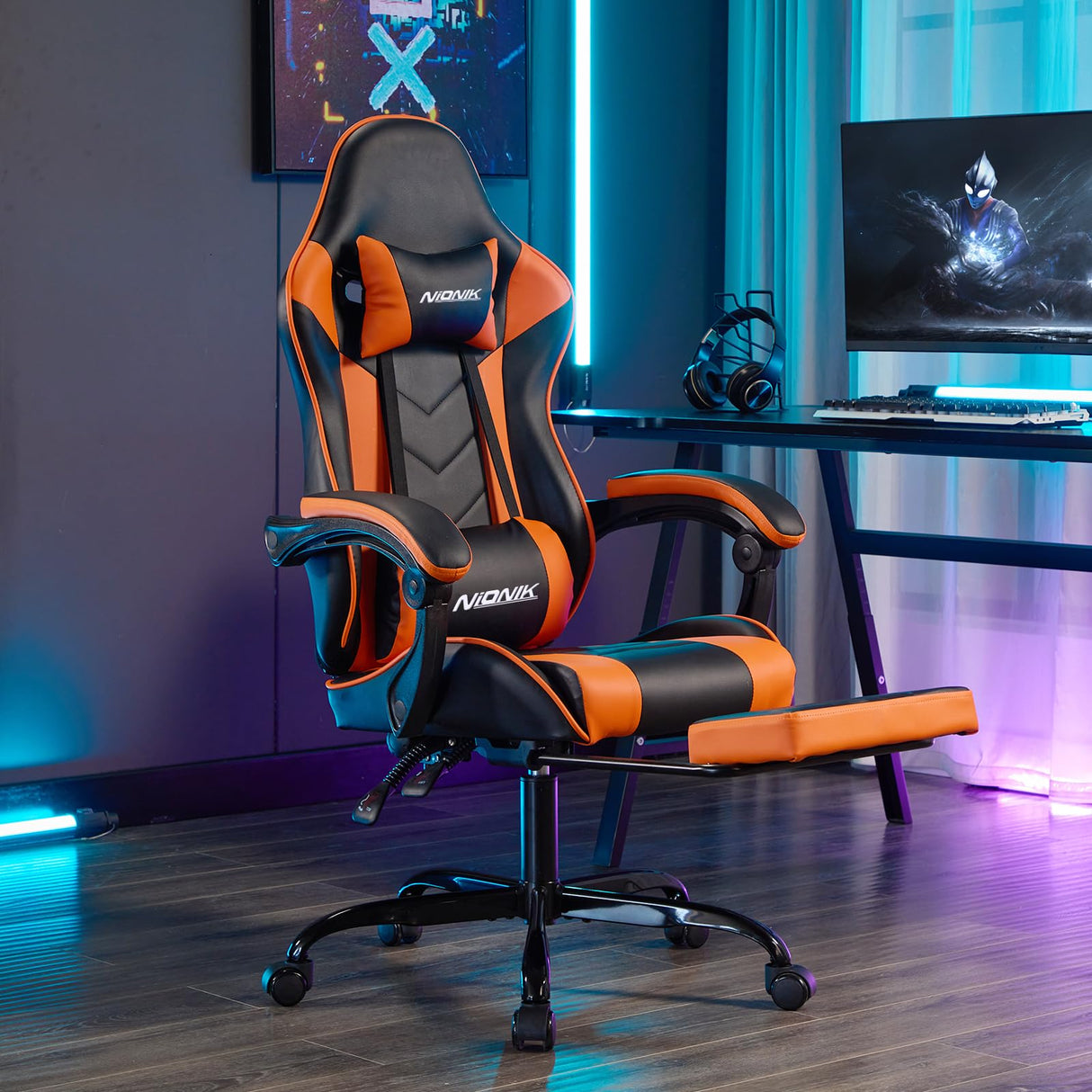 Gaming Chair with Footrest and Massage Lumbar Support, Ergonomic Computer Chair Height Adjustable with Swivel Seat and Headrest, Video Game Chair Swivel Computer Recliner for Adults NIONIK
