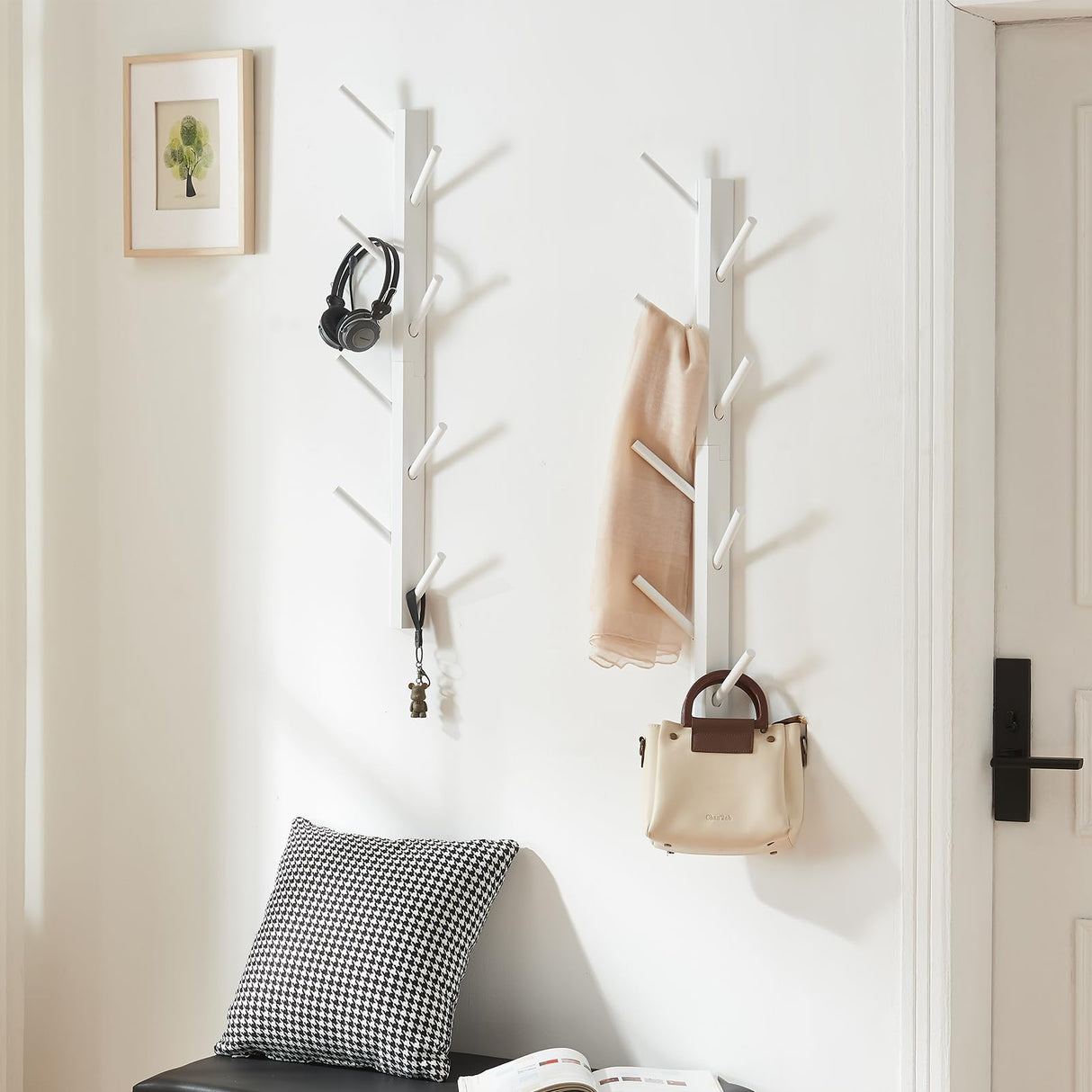 TIOPGHAD 2 Pack Coat Rack Vertical Wall Mount, Bamboo Coats Hooks Clothes Holder Hanger for Wall Coat Hat Jacket Clothing Bathroom Robes Mudroom Entryway(White) TIOPGHAD