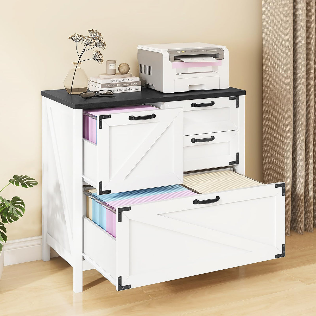 Lateral File Cabinet with 4 Drawers Farmhouse File Cabinet for Letter/Legal/A4 Size Hanging Files, Large Wood File Storage Cabinets Printer Stand for Home Office Cabinet, White and Black Halitaa