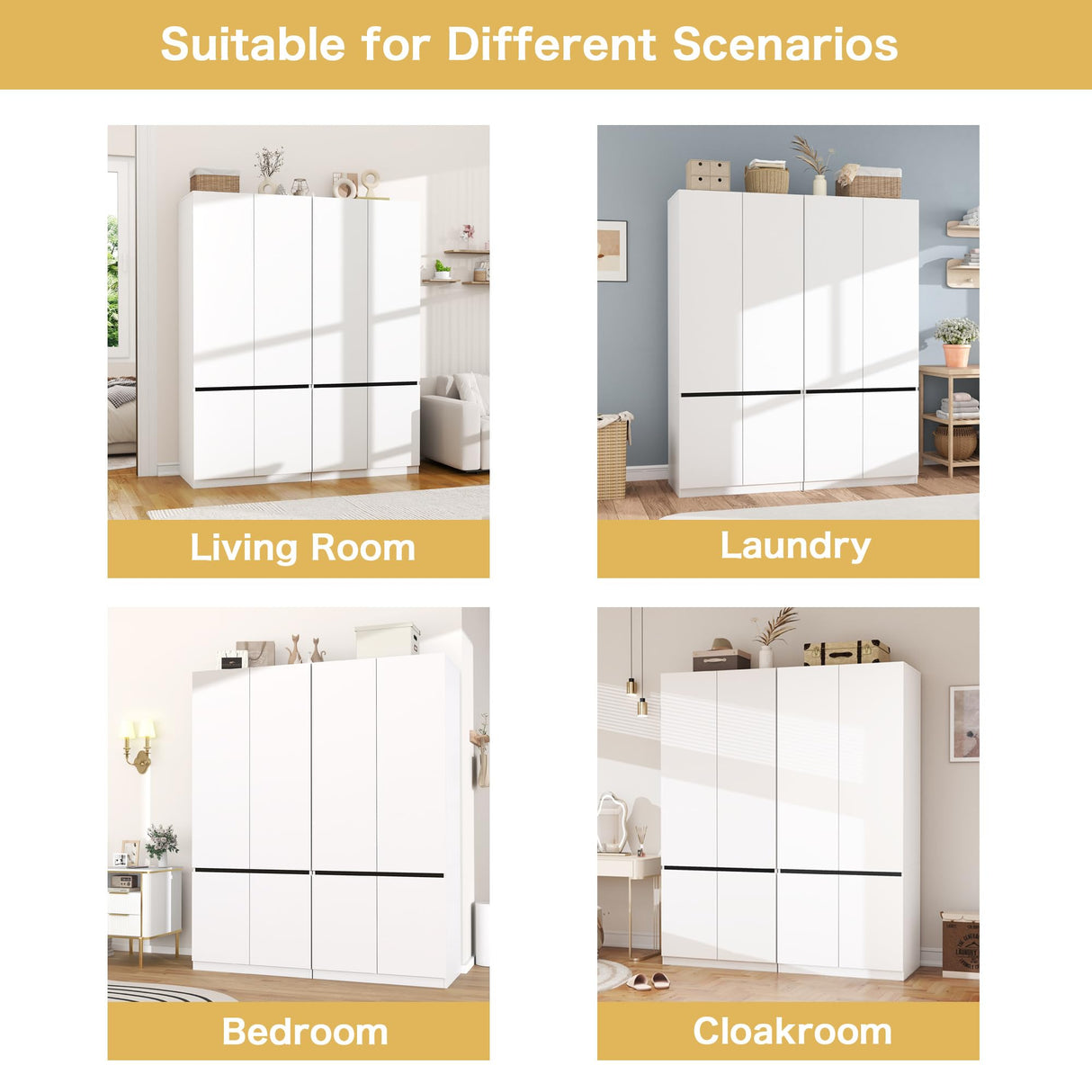 LABROSKIA White Armoire Wardrobe Closet: 74" Wooden Wardrobe Closet with 4 Doors, Bedroom Armoires with Hanging Rod, Tall Closets Cabinet for Hanging Clothes (63") LABROSKIA