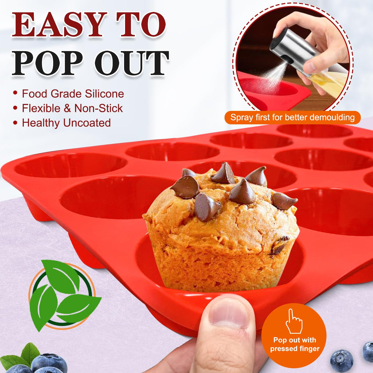 Walfos Silicone Muffin Pan - 12 Cups Regular Silicone Cupcake Pan, Non-stick Silicone Great for Making Muffin Cakes, Tart, Bread - BPA Free and Dishwasher Safe Walfos