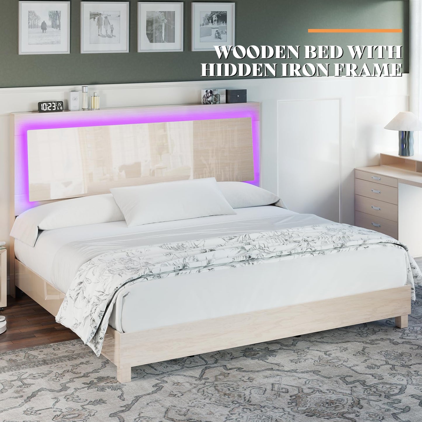 High Gloss White Woodgrain King Bed Frame with Floating Ergonomic Headboard and Smart RGBW LED Lights - WoodArtSupply