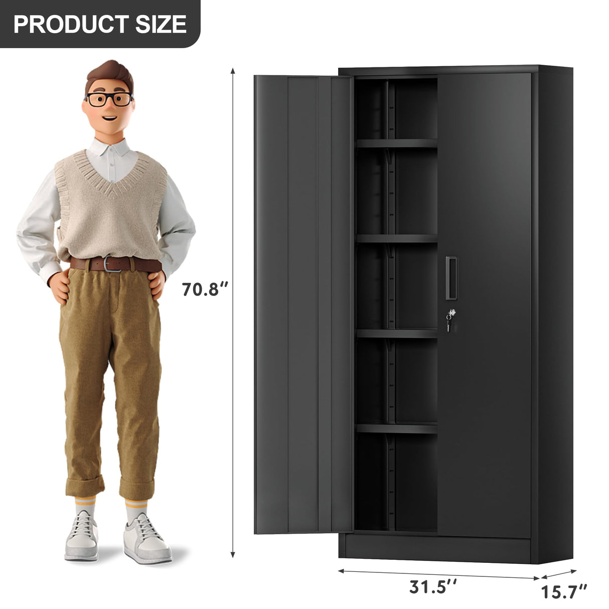 JUMMICO Metal Storage Cabinet with 2 Locking Doors and 4 Adjustable Shelves, 71" Tall Freestanding Utility Steel Storage Cabinet for Home Office, Pantry, Garage (Black, 16 x 32) JUMMICO