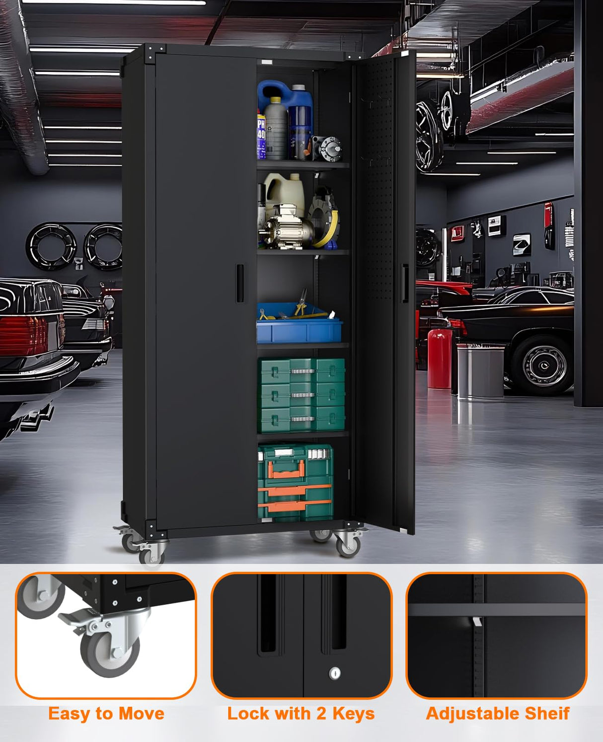 Metal Storage Cabinet 72" H with Wheels, Steel Tool Cabinet with Pegboard and 4 Adjustable Shelves, Lockable Rolling Garage Cabinet for Home,Garage,Office Organization GarveeHome