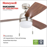 Honeywell Ceiling Fans Barcadero Modern 44 Inch Ceiling Fan with Light, Pull Chain LED Indoor Fan with 3 Blades, Maple and Brown Maple Blade Finish Options, Brushed Nickel (50616-01) Honeywell Ceiling Fans