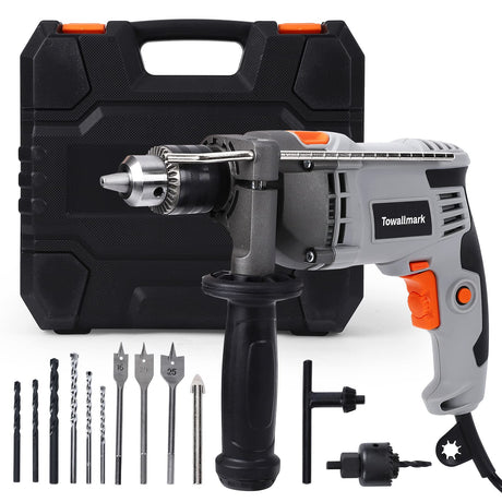 Towallmark 7.5-Amp Hammer Drill with Aluminum Alloy Housing, 1/2-Inch Corded Electric Hammer Drill with 3000RPM, Variable Speed, 15 Drill Bits with Toolbox for Home Improvement, DIY Towallmark