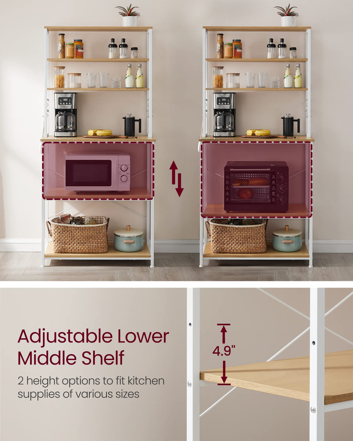 VASAGLE Oak + White 6-Tier Kitchen Baker's Rack with Adjustable Shelves & Hooks VASAGLE