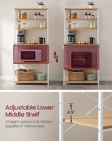 VASAGLE Oak + White 6-Tier Kitchen Baker's Rack with Adjustable Shelves & Hooks VASAGLE