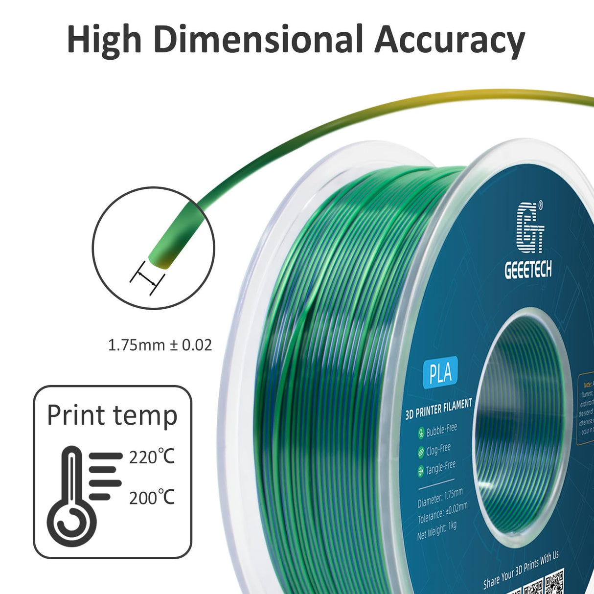 Geeetech 3D Printer Silk PLA Dual Color Filament,Metal-Like Shiny Silk Filament 1.75mm 1kg (2.2lbs) Spool,Dimensional Accuracy +/- 0.03 mm,Silk Blue Green Geeetech