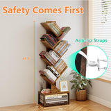 EasyCom Tree Bookshelf Metal Base, 7 Tier Bookcase Storage, Floor Standing Bookshelf Organizer for Movies/CDs/Books, Wood Book Storage Rack for Bedroom/Living Room/Home Office (Brown) EasyCom