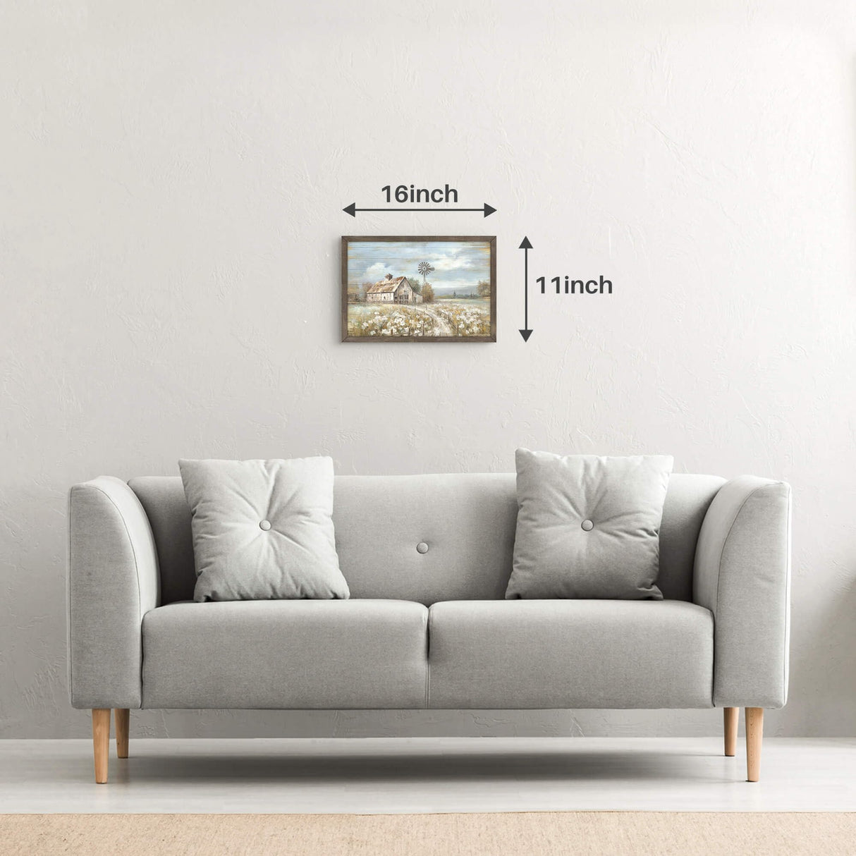 Barn Framed Wall Art Decor: Rustic Farmhouse Wooden Picture Country Windmill Meadow Landscape Painting Blue Sky and Wild Flowers Prints Artwork for Bedroom Kitchen 16'' x 11' cozy country