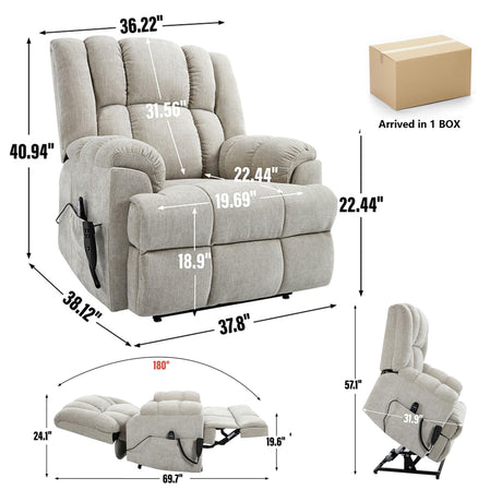 RHHVVR Power Lift Recliner Chair for Elderly, Oversized Chenille Electric Recliners Chairs for Living Room, Dual Motor 180° Lay Flat Recliner Big Sofa with Massage and Heating, Heavy-Duty, Beige RHHVVR