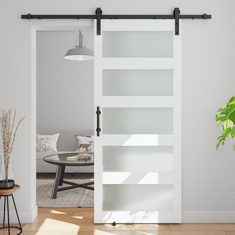COSHOMER 36in x 84in 5-Panel Sliding Glass Barn Door with 6.6ft Hardware Kit Included, Easy Assembly with Pre-Drilled Holes, Waterproof, Frosted Glass for Bathroom-Fit Max Opening 34in x 82in, White COSHOMER