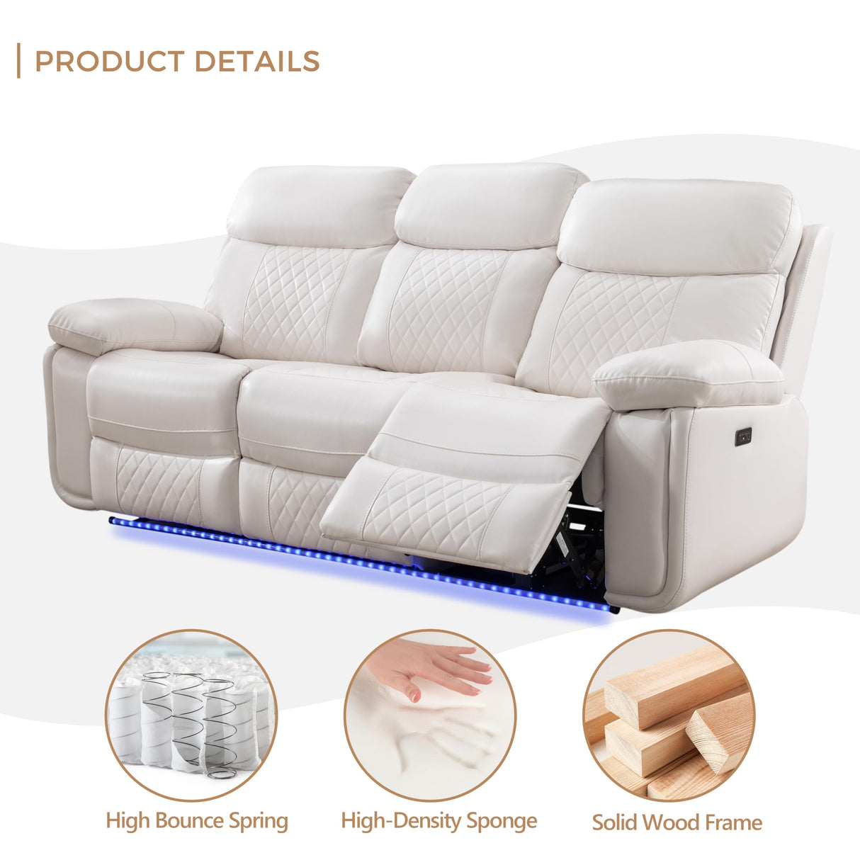 Power Recliner Sofa Set of 3 Piece with Bass Speakers for Living Room,Faux Leather Electric Zero Gravity 3 Seater Reclining Couch with Wireless Charger and Loveseat Theater Chair with LED Lights,White Comfort Stretch