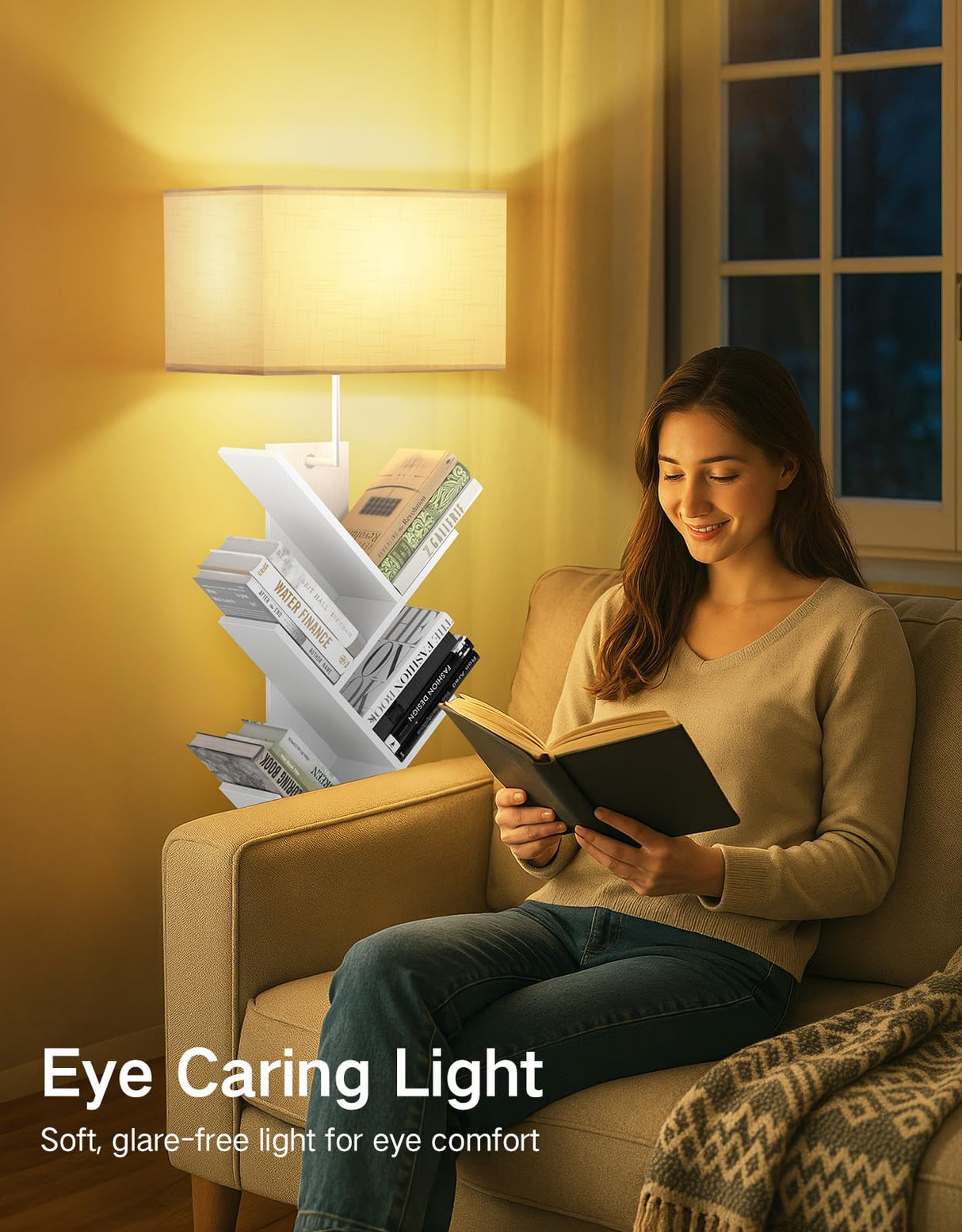 OUTONLIFE 9 Tier Tree Bookshelf with Light, Remote & Timer, Dimmable Tall Floor Standing Lamp, Narrow Wood Bookcase, Small Book Organizer Shelves for Living Room, Bedroom, Home Office (White) OUTONLIFE