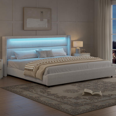 HOMBCK King Size Bed Frame with LED Lights and Headboard, Boucle Upholstered Platform Bed with Wingback Design, Modern Soft Bed Frame, No Box Spring Needed, Easy Assembly, Beige