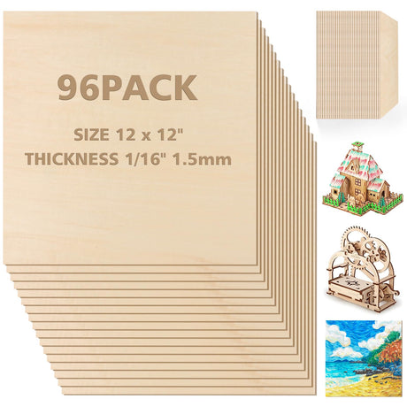 Adrattnay Basswood Sheets 1/16 x 12 x 12 inch - 1.5mm Basswood Sheets Plywood Sheets, 96Pcs Square Unfinished Wood Board for DIY Crafts, Laser Cutting, Wood Burning, Painting, Model Carving Adrattnay