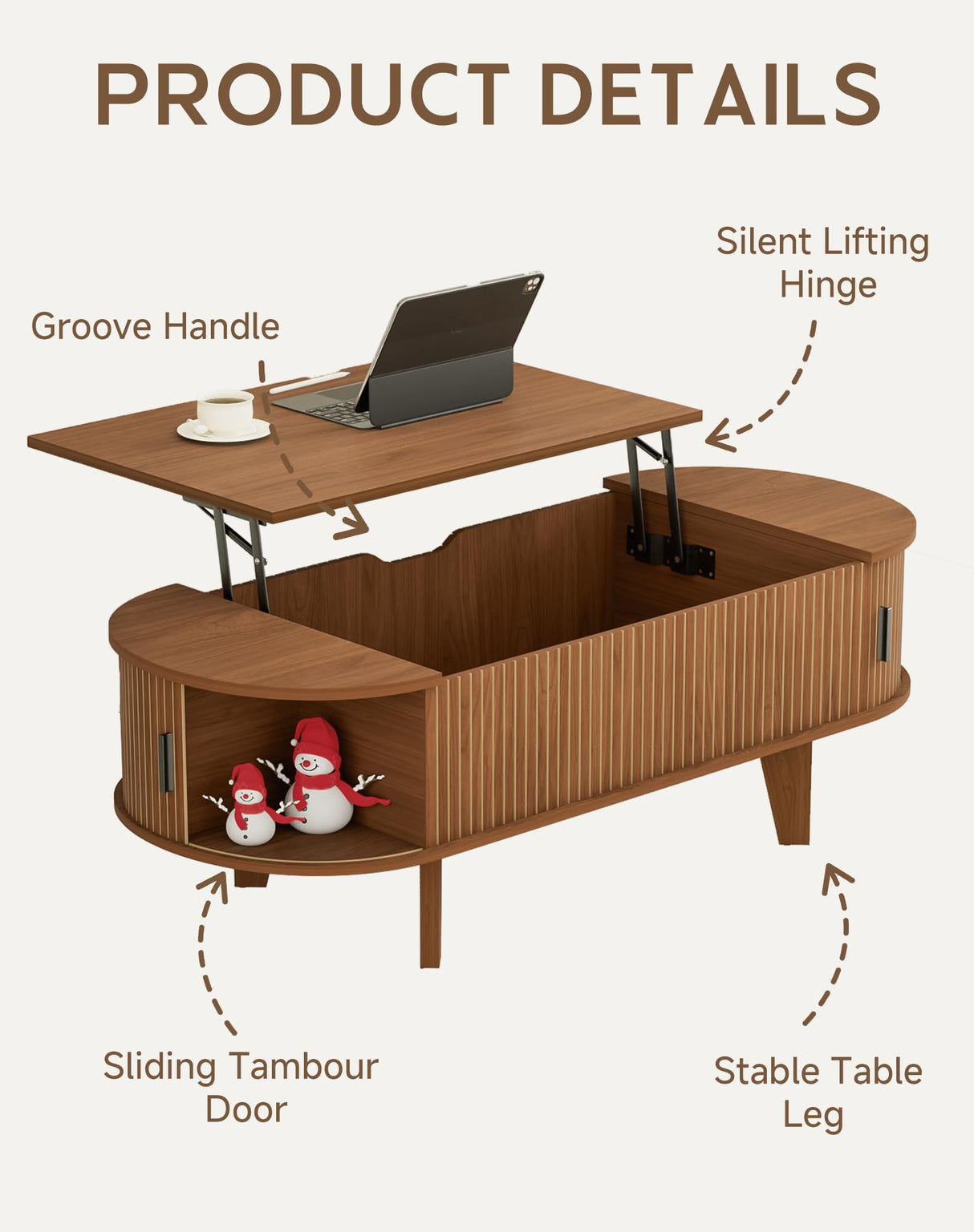 Pulsyeen Oval Coffee Table with Storage, 47.2" Fluted Lift Top Coffee Table with 180° Sliding Tambour Door, Mid Century Modern Center Table for Living Room, Office, Cafe, Walnut Pulsyeen