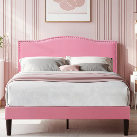 VECELO Full Bed Frame Platform Bed Frame with Upholstered Headboard, Strong Frame and Wooden Slats Support, Strong Weight Capacity, Non-Slip and Noise-Free, Easy Assembly VECELO