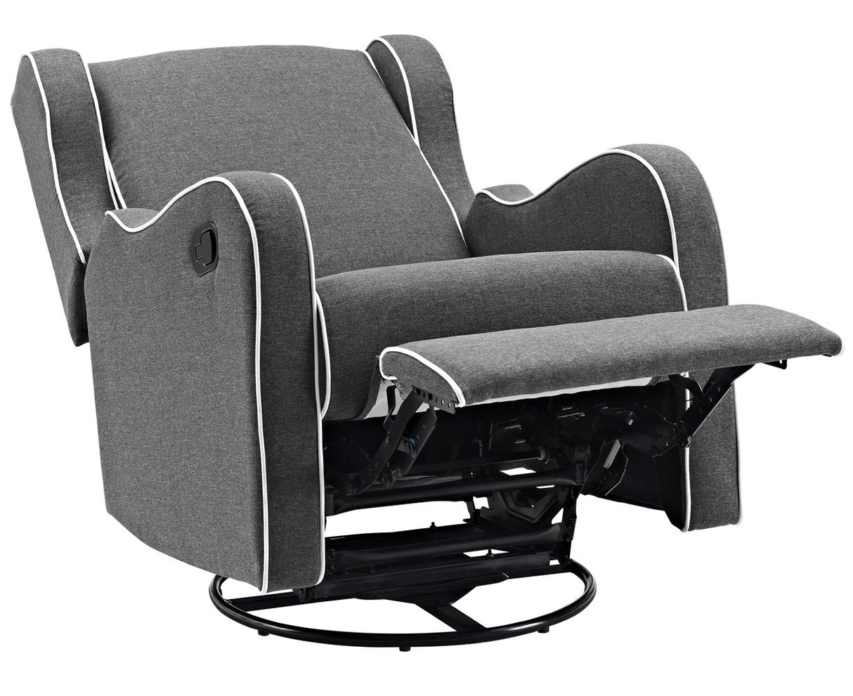 Angel Line Rebecca Upholstered Swivel Gliding Recliner, Dark Gray Linen with White Piping Angel Line