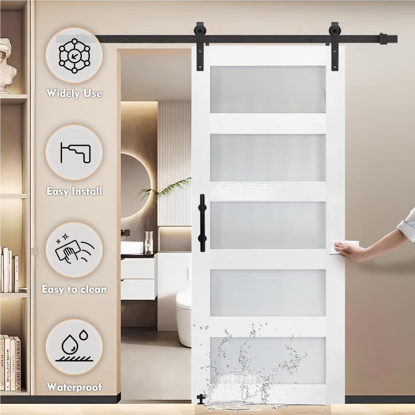 S&Z TOPHAND® 36 in x 84 in Glass Sliding MDF Barn Door with 6.6FT Sliding Door Hardware Kit, 5 Tempered Frosted Glass, Slab Inside Covered with Water-Proof PVC Surface, Simple DIY Assembly - WoodArtSupply