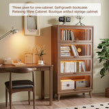Solid Wood Bookcase 4 Tier With Tempered Glass Doors 60 Inch, Kitchen Pantry Display Cabinet, Brown Finish Cube Storage Organizer, Bookshelf Versatile Storage With For Home Office(No Light Strip) AQIMUELE