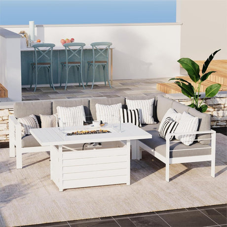 Solaste Aluminum Patio Furniture Set with Fire Pit Table, 6 Piece Sectional Metal Outdoor Furniture with Ottoman, Modern Patio Conversation Set Water-Resistant Cushion for Balcony, Front Porch, White Solaste
